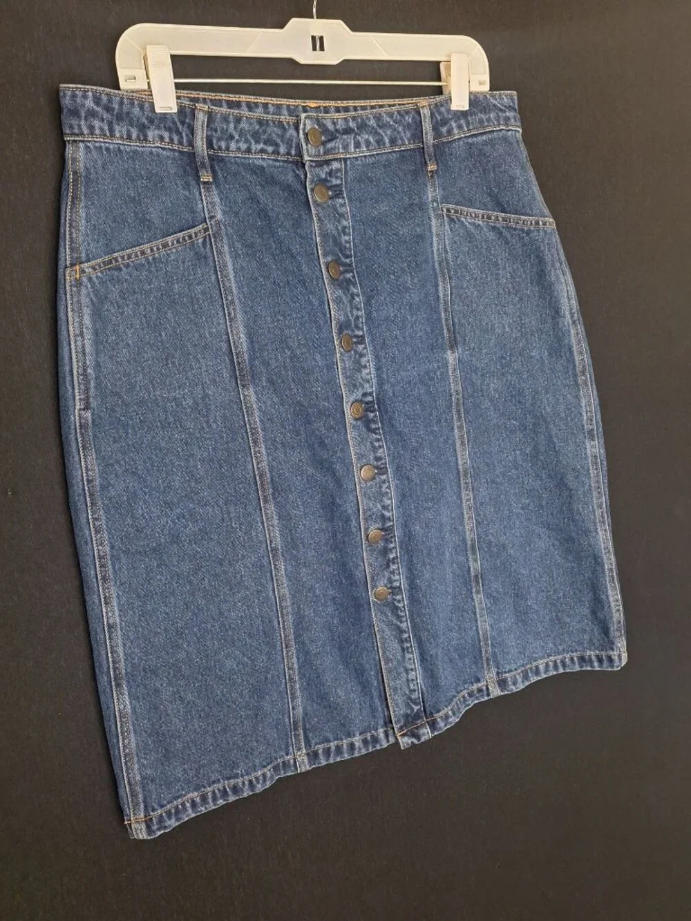💙 Old Navy Button Front Denim Midi Skirt Size 14 Cotton Dark Wash Pockets Casua